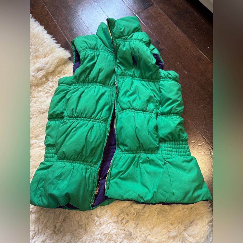 Purple and green polo reversible down puffer vest.
